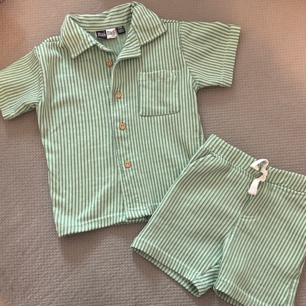 Boys Green Striped Shirt and Shorts Set